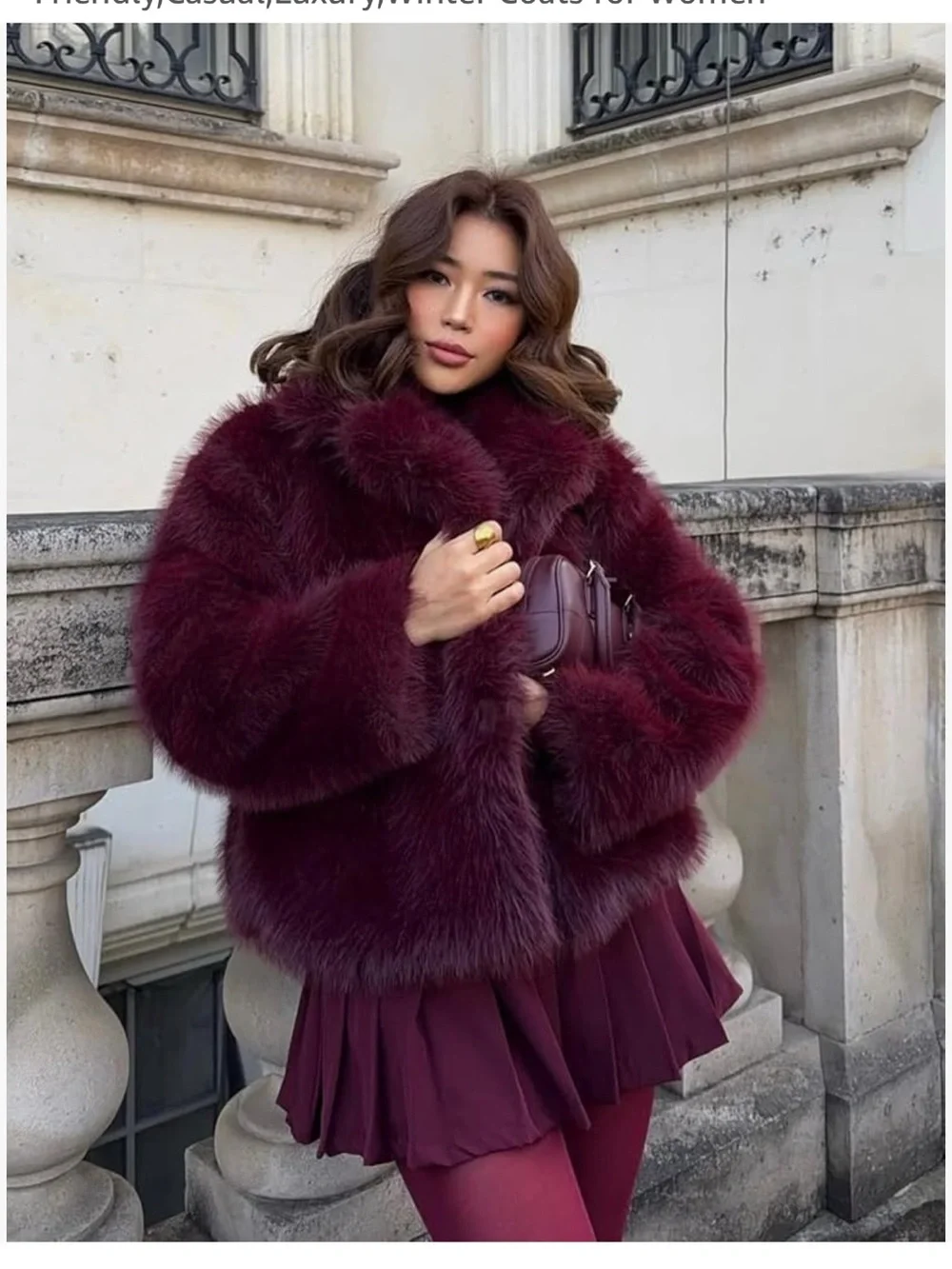 Women's Faux Fur Jacket shaggy Burgundy Plush Coat